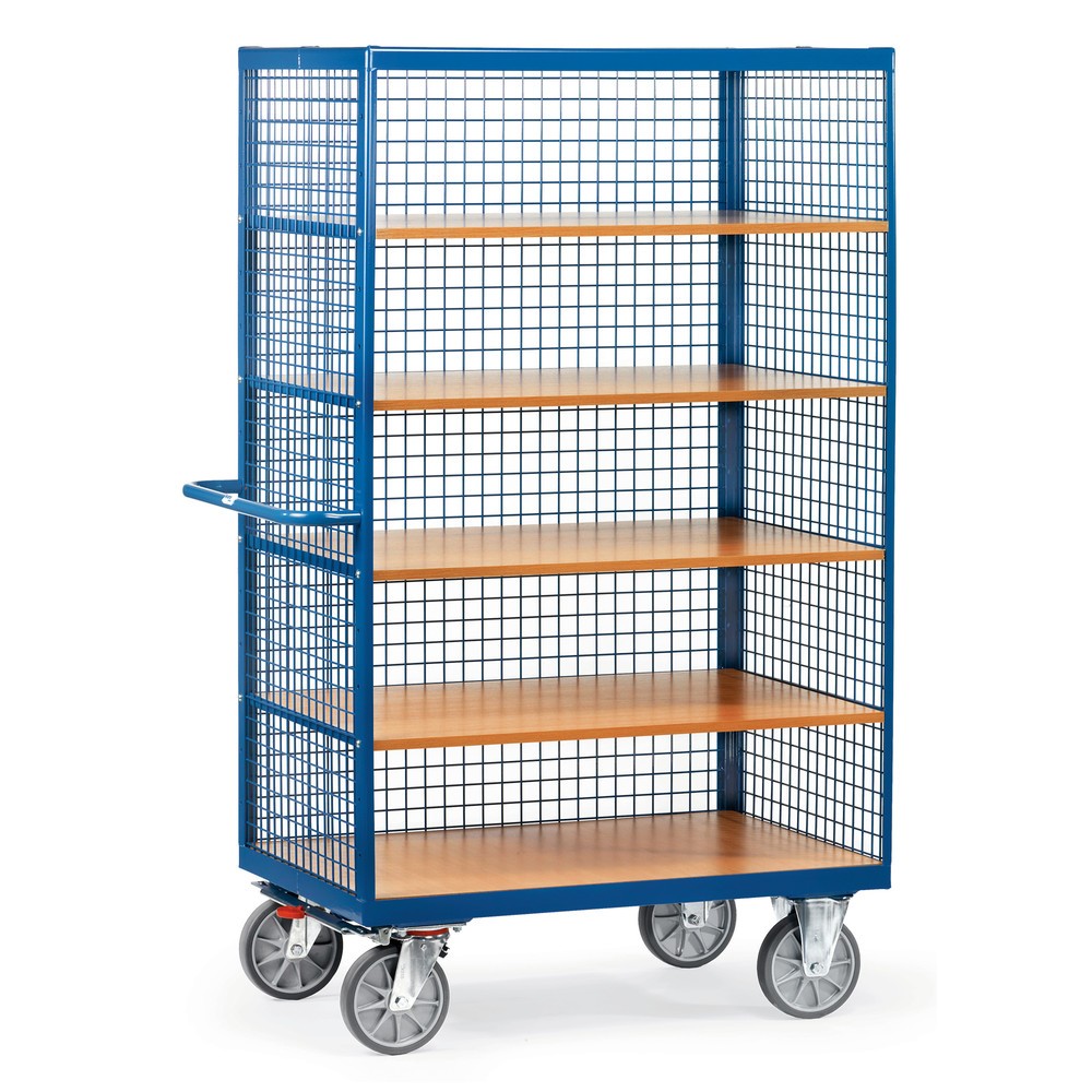 fetra® Chariot fermé, 3 parois grillagées, 5 tablettes de 1 000 x 680 mm