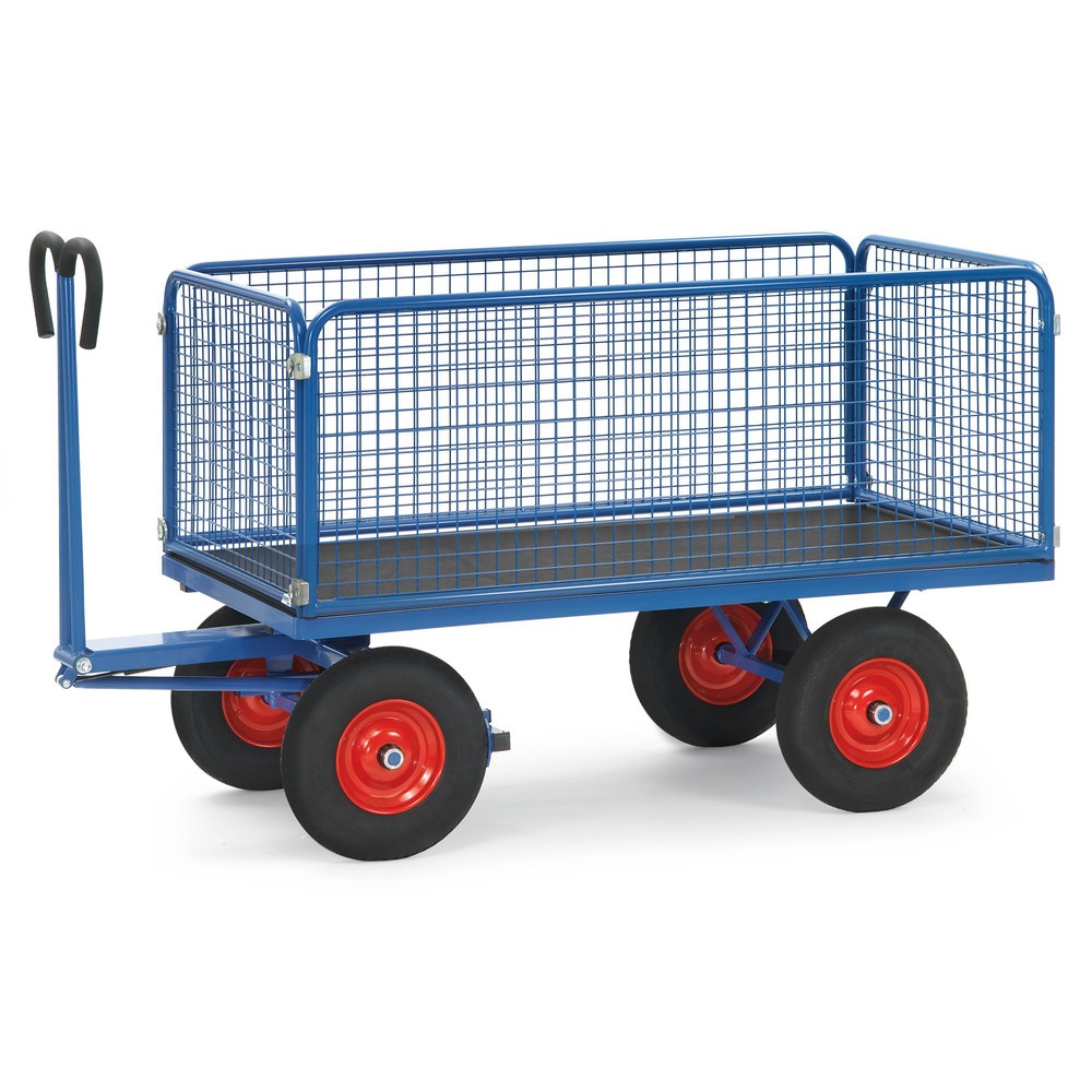 fetra® Handpritschenwagen mit Drahtgitterwänden H 600 mm, Ladefläche 900 x 1.600 mm, TK 1.000 kg, Vollgummi-Bereifung