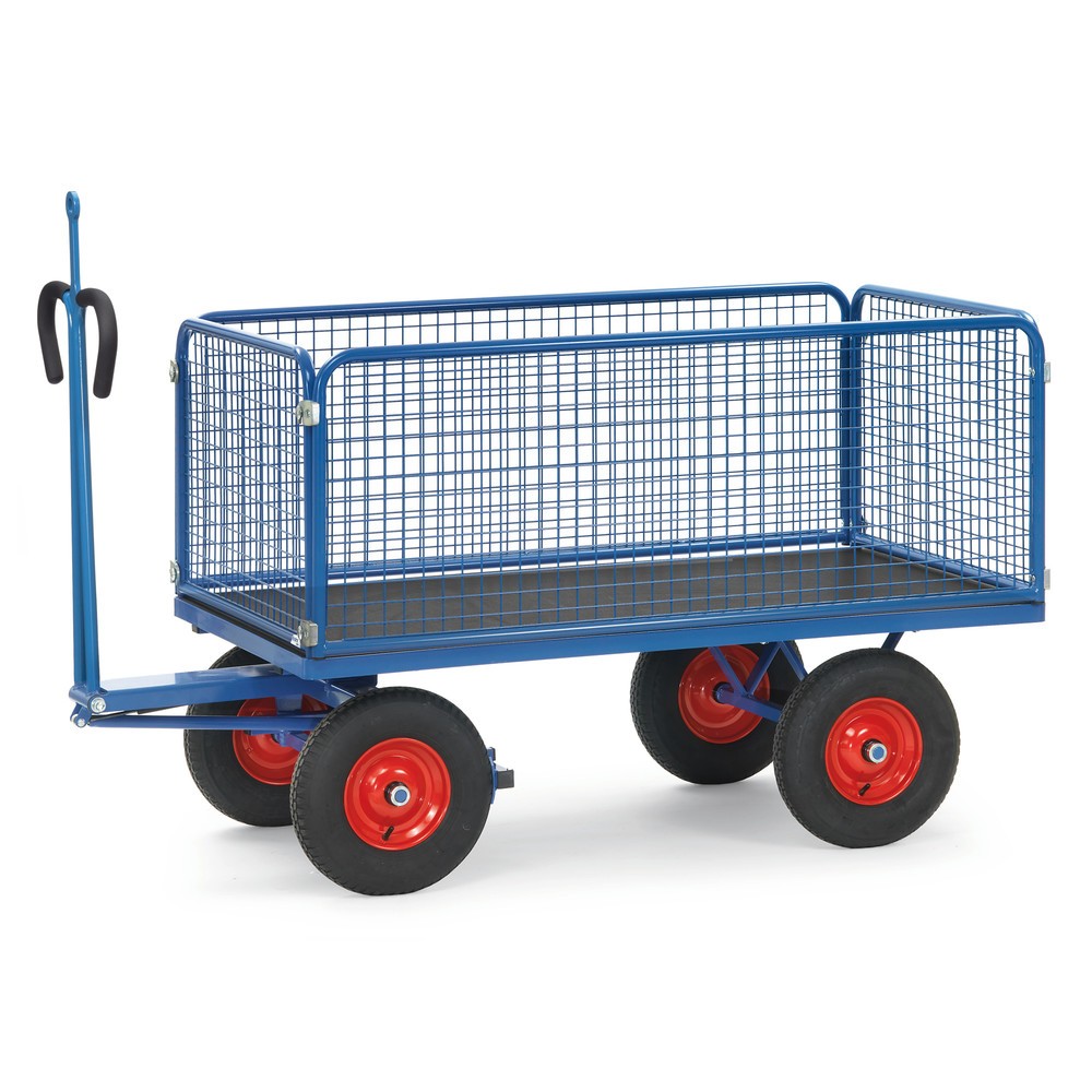 fetra® Handpritschenwagen mit Luft-Bereifung, Zugöse und Drahtgitterwänden, HxBxL 1.200 x 950 x 1.950 mm, Tragkraft 1.000 kg