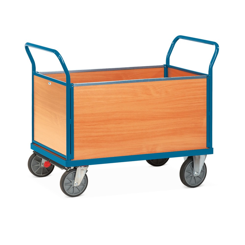 fetra® Plattformwagen, 4-seitig mit Holzwänden, Ladefläche BxT 500 x 850 mm, mit Zentralbremse