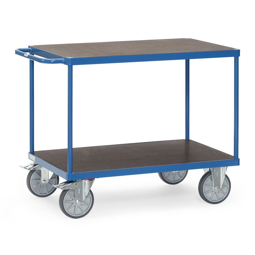 fetra® Schwerer Tisch- und Montagewagen, rutschsichere Ladefläche, 2 Etagen à 500 x 850 mm, brillantblau