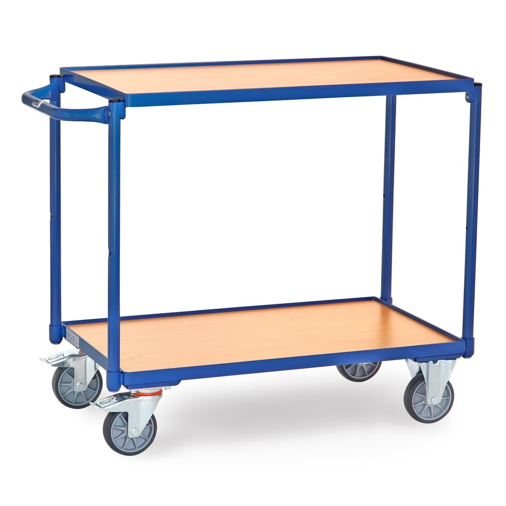 fetra® Tischwagen, TK 300 kg, 2 Etagen à 850 x 500 mm, waagerechter Schiebebügel