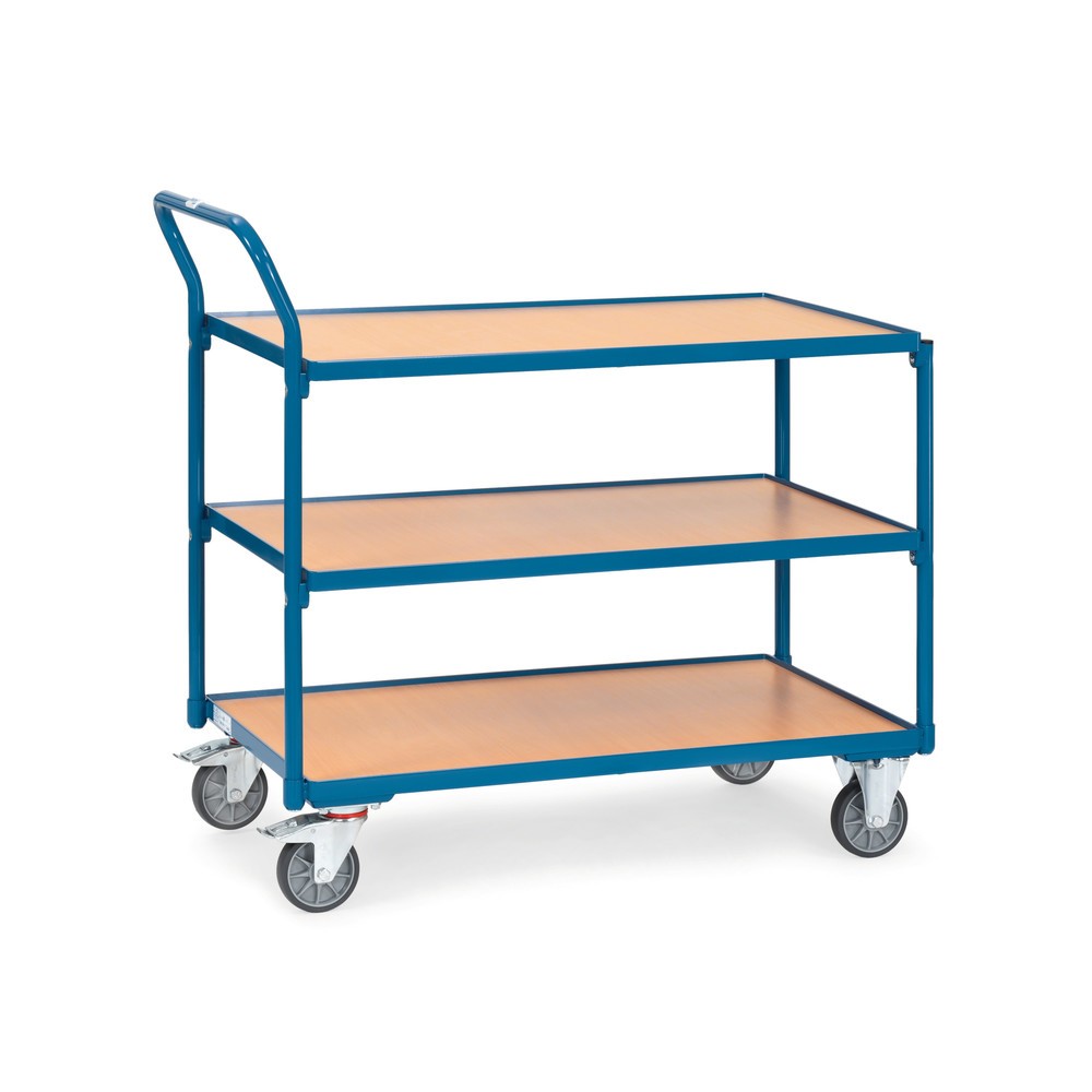 fetra® Tischwagen, TK 300 kg, 3 Etagen à 850 x 500 mm, hochstehender Schiebebügel