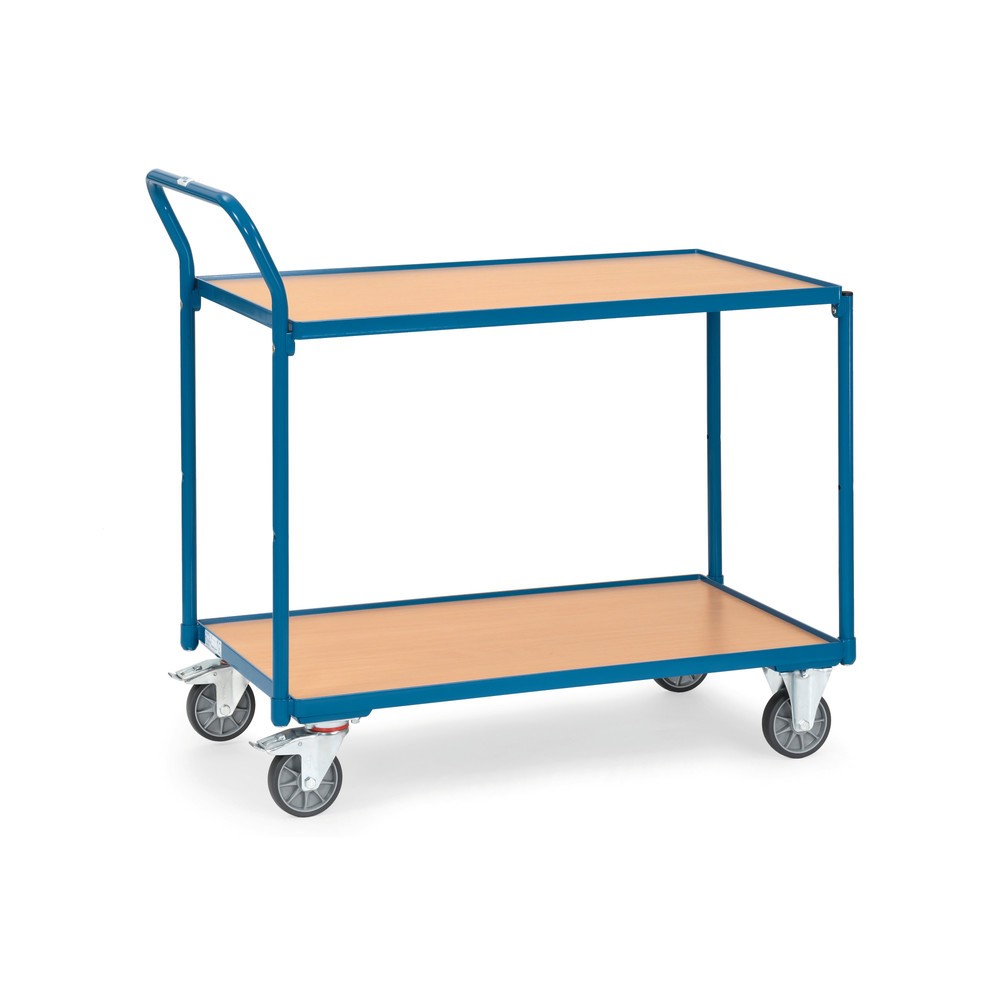 fetra® Tischwagen, TK 300 kg, 2 Etagen à 850 x 500 mm, hochstehender Schiebebügel