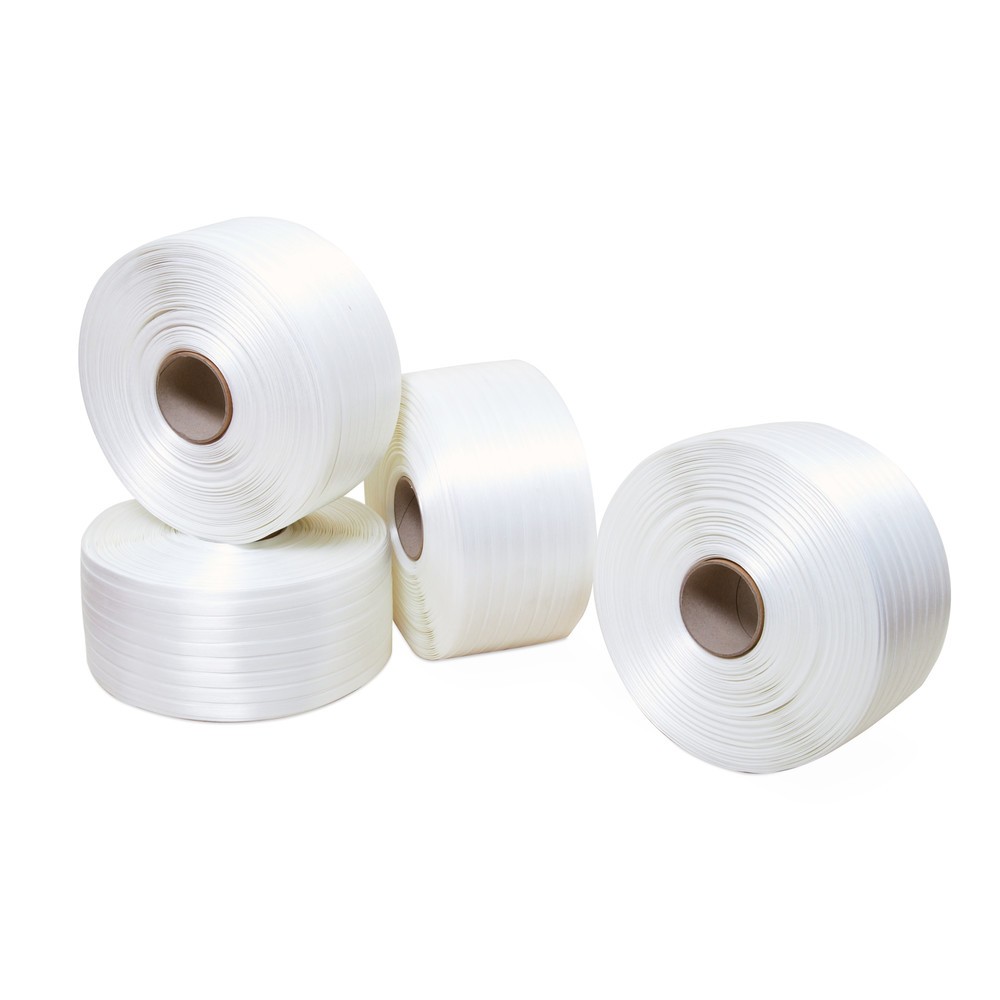 Feuillard de cerclage en polyester, encollé, 30 mm x 150 ml, Ø noyau 76 mm, blanc