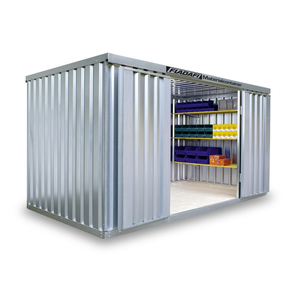 FLADAFI® Materialcontainer 4m², verzinkt, zerlegt, mit Holzfußboden, Maße außen 2100x2170x2150 mm, Doppelflügeltür (asymmetrische Teilung), mittig in Breitseite