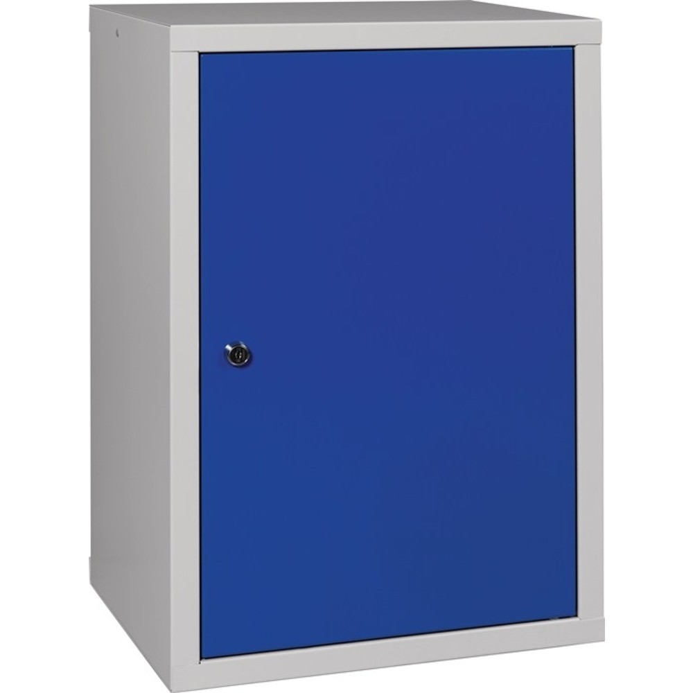 Hängeschrank, Stahlblech, H600xB400xT300 mm Vollblech, 1 Boden, lichtgrau, RAL 7035/enzianblau, RAL 5010