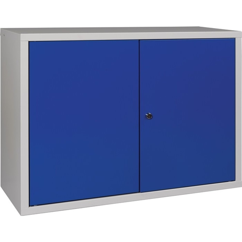 Hängeschrank, Stahlblech, H600xB800xT300 mm Vollblech, 1 Boden, lichtgrau, RAL 7035/enzianblau, RAL 5010