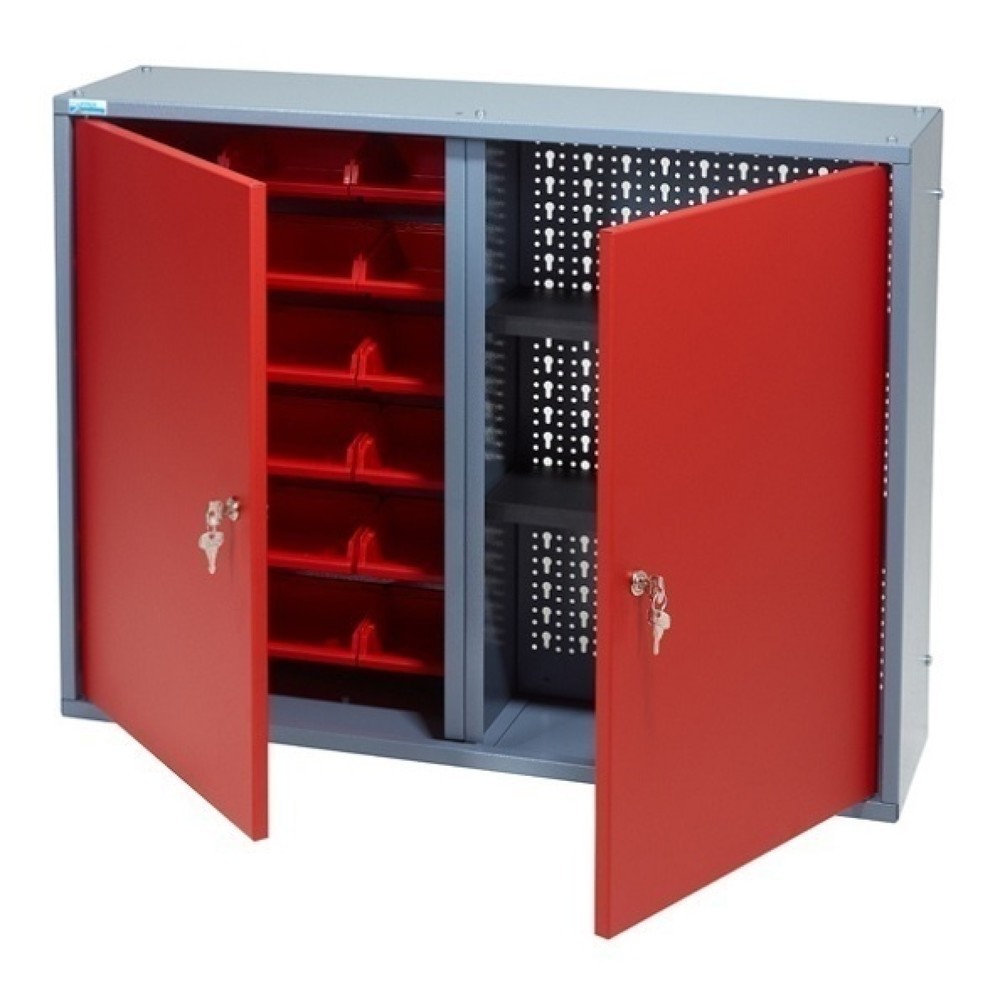 Hängeschrank mit 1 Lochrückwand + 18 Sichtboxen, HxBxT 600 x 800 x 190 mm, rot