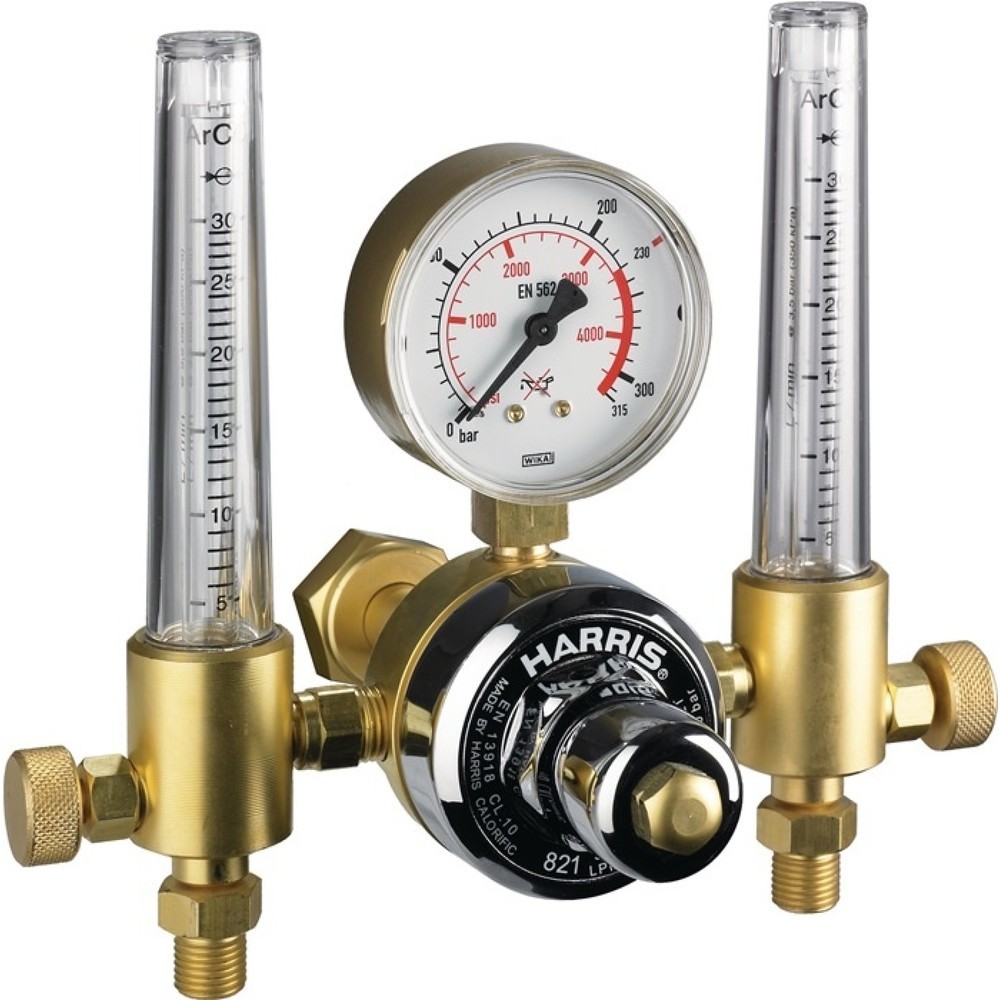 HARRIS Flaschendruckminderer 821-F, 200 bar Doppelflowmeter 30 l/min, Argon / CO₂, W 21,8 x 1/14″ RH