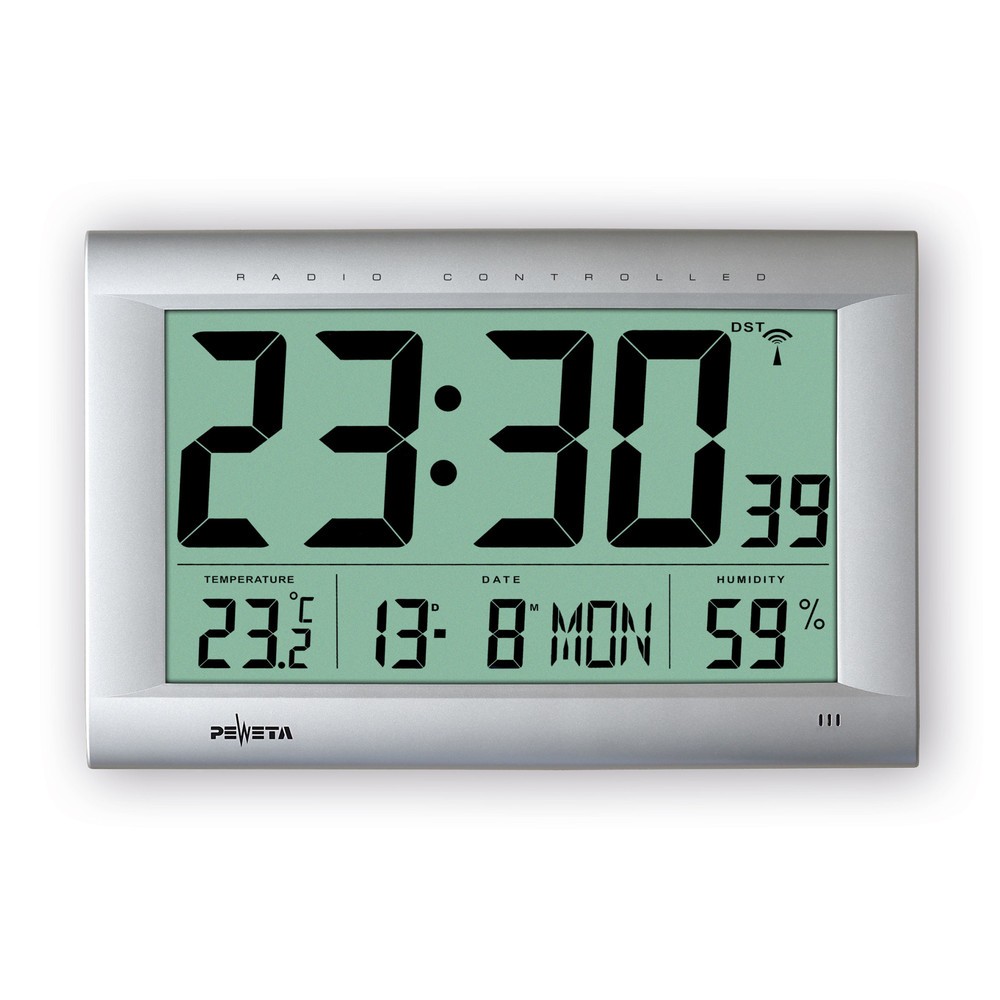 Horloge murale radioguidée PEWETA DCF77 type 106, affichage LCD, HxlxP 270 x 410 x 43 mm, argent métallisé