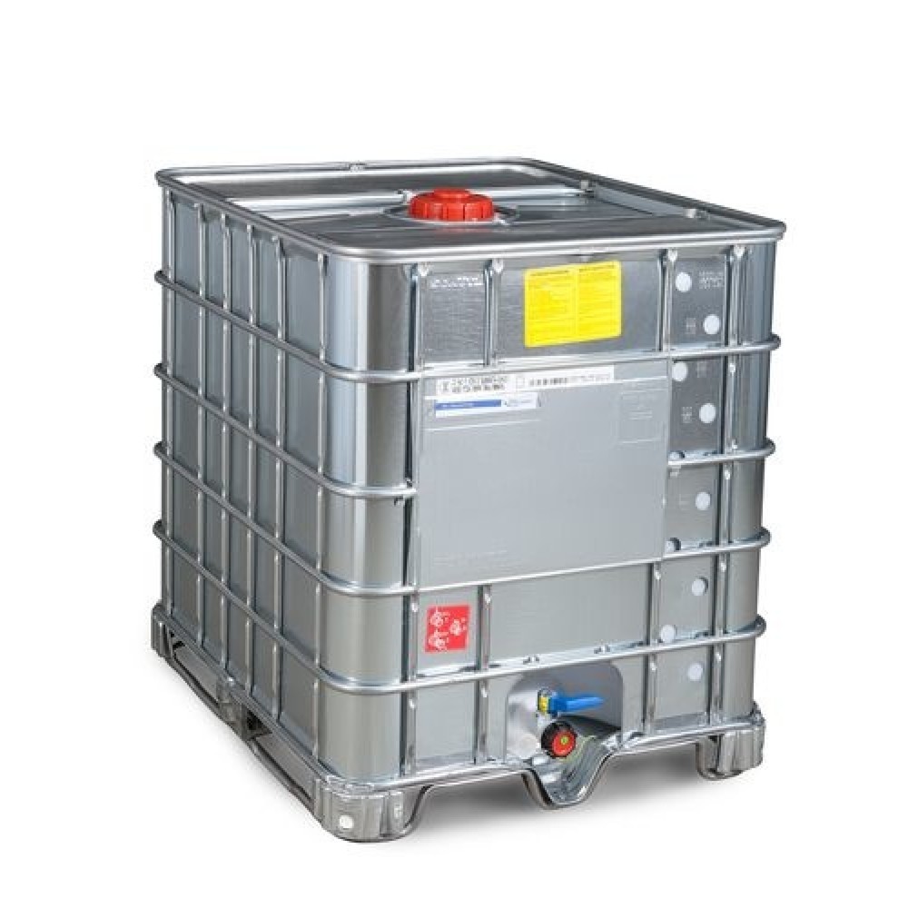 IBC, version pour produits dangereux et explosifs, patins en acier, 1.000 l, ouverture NW150, sortie NW50, enveloppe en acier