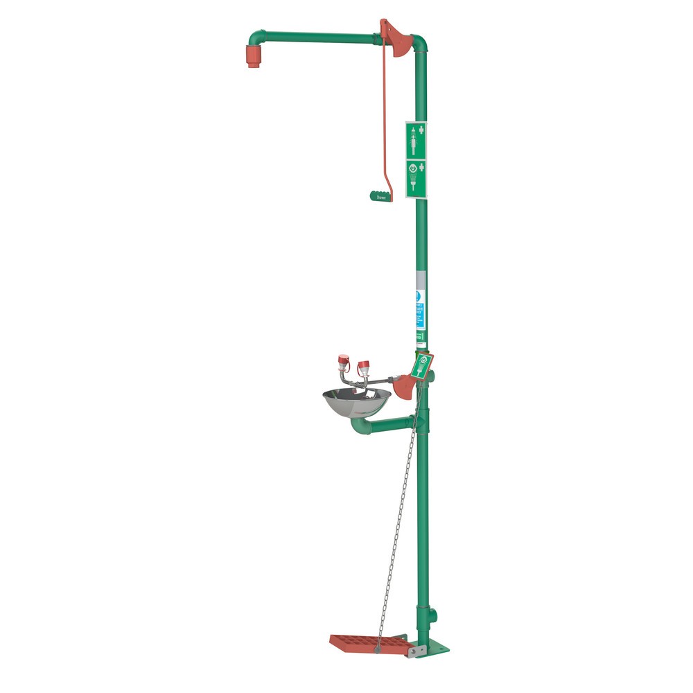 Justrite® Körper-/Augendusche-Kombination 18G85GD Hughes, mit Auffangbecken, Standmodell, Innenbereich, verzinkter Stahl