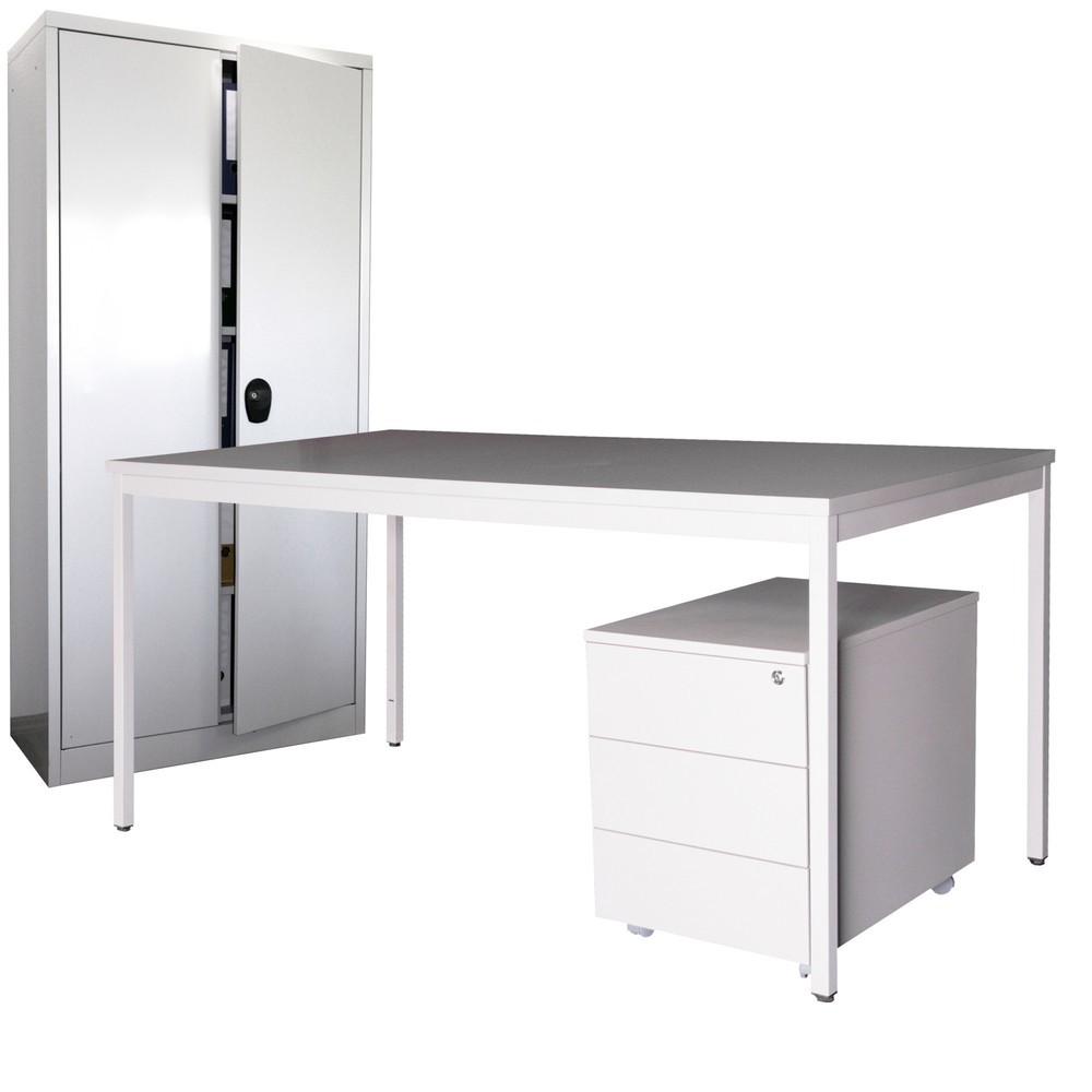 Kit d'aménagement Steinbock®, bureau Lxl 1 600 x 800 mm avec conteneur à roulettes + armoire à portes battantes 1 800 x 800 mm, gris clair