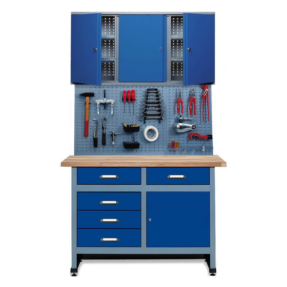 Kit d’atelier Meran 3 pièces, armoire suspendue + établi + paroi perforée, largeur 1 200 mm, bleu