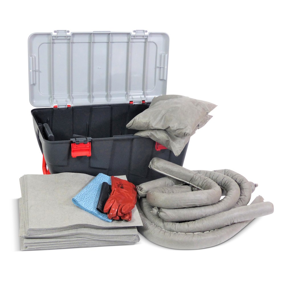 Kit d’urgence pour huiles, capacité d’absorption 75 litres, valise à roulettes