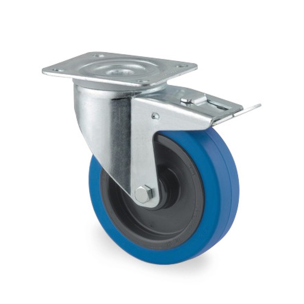 Roue directrice TENTE caoutchouc élastique, palier à rouleaux, dispositif d'arrêt total, protection du palier pivotant, non marquante, bleu, Ø x largeur 100 x 34 mm, capacité de charge 160 kg