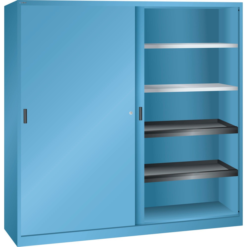 Armoire à portes coulissantes LISTA, (lxPxH) 2 000x580x1 950 mm, 4 étagères coulissantes, 4 étagères réglables, bleu clair