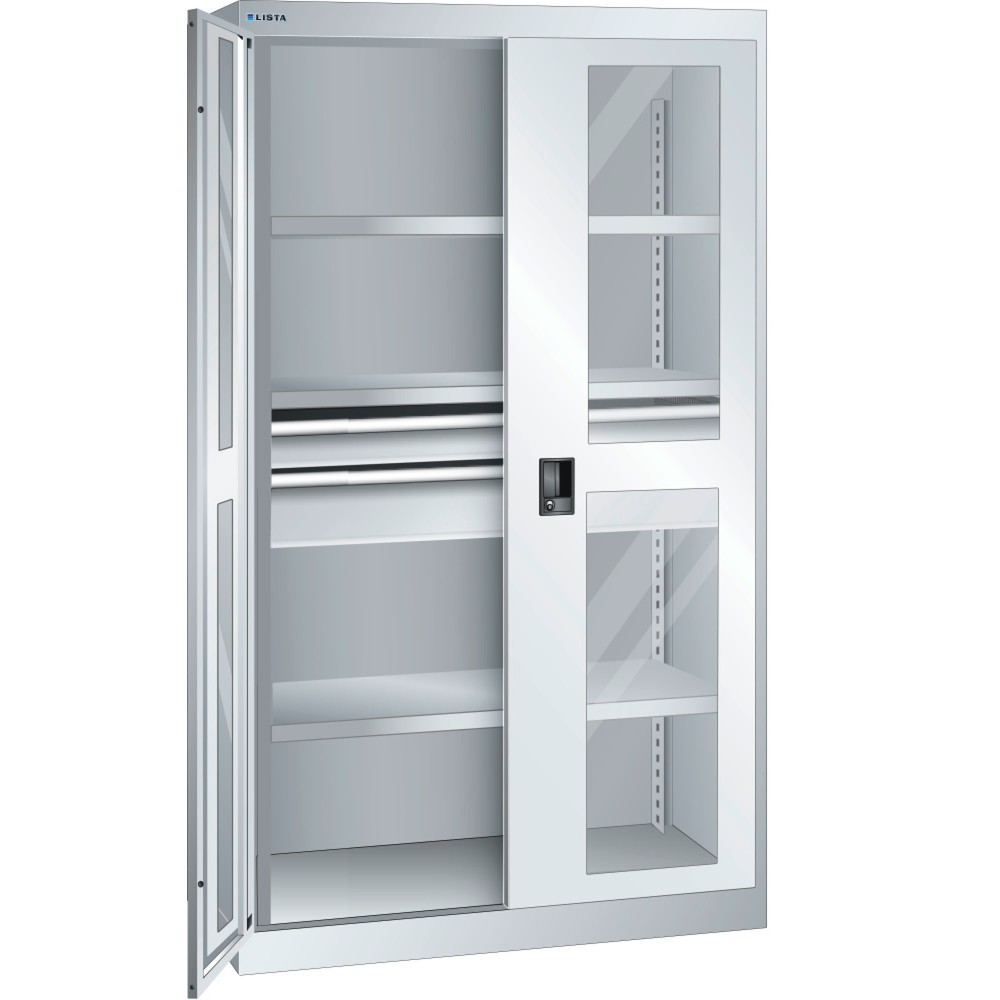 LISTA Schwerlastschrank 54x27E, (BxTxH) 1100x641x1950mm, 2 Schubladen, Sichtfenster, lichtgrau, KEY Lock