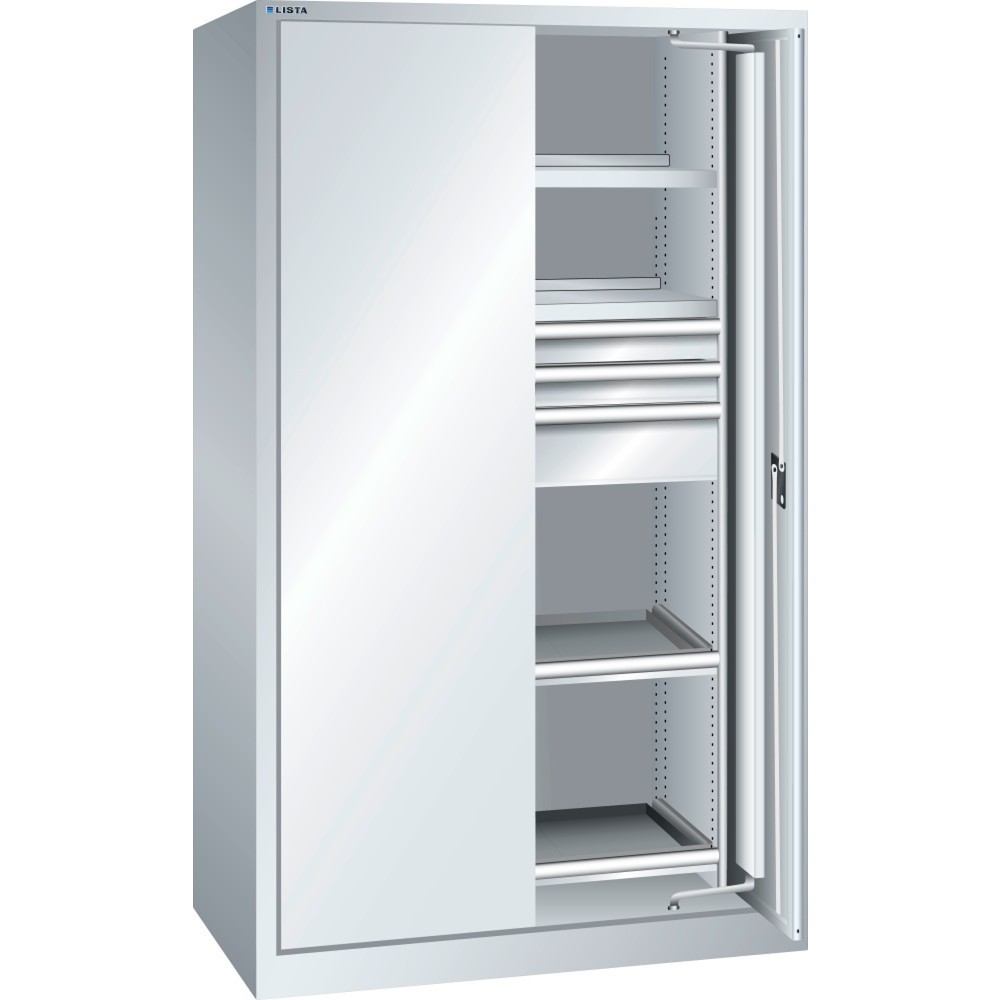 LISTA Schwerlastschrank 54x27E, (BxTxH) 1146x690x1950mm, Einschwenktüren, 3 Schubladen, lichtgrau, CODE Lock