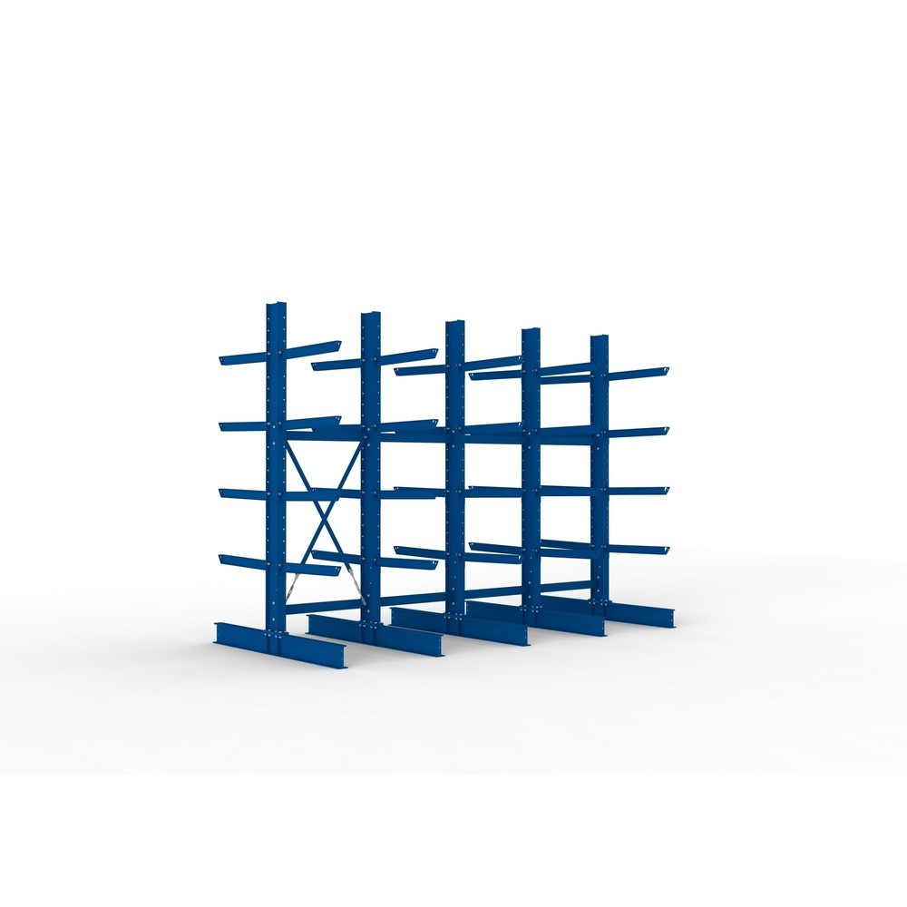 META Komplettpaket Schwerlast-Kragarmregal, doppelseitig, Tragkraft pro Arm 630 kg, HxBxT 3.000 x 4.090 x 2.000 mm, 5 Ständer