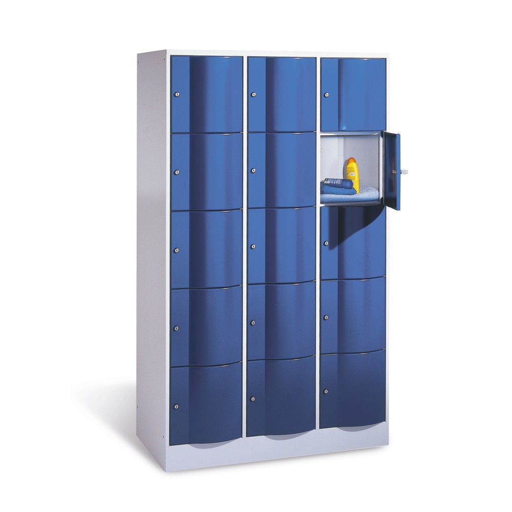 Meuble coffre-fort C+P avec portes « anti-vandalisme », 3 x 5 compartiments, H x l x P 1 950 x 1 150 x 540 mm, gris clair, bleu gentiane