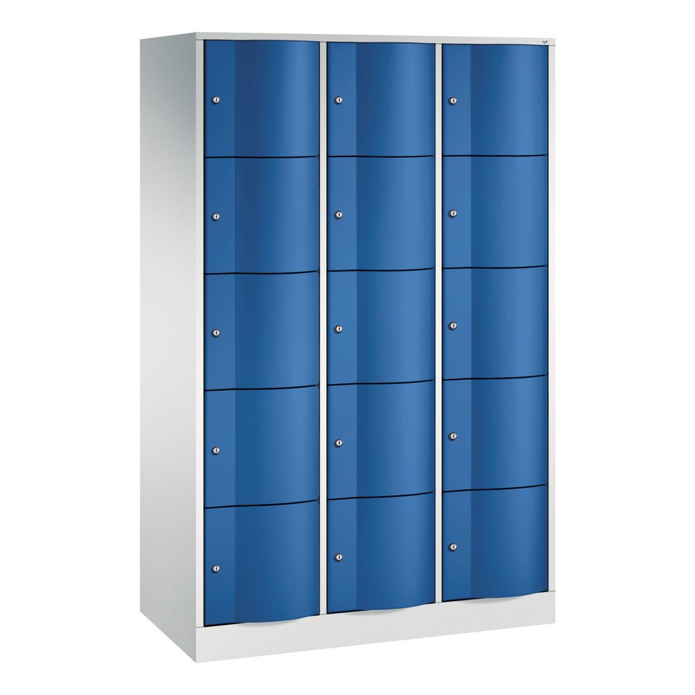 Meuble coffre-fort C+P avec portes « anti-vandalisme », 3 x 5 compartiments, H x l x P 1 950 x 1 150 x 540 mm, gris clair, bleu gentiane