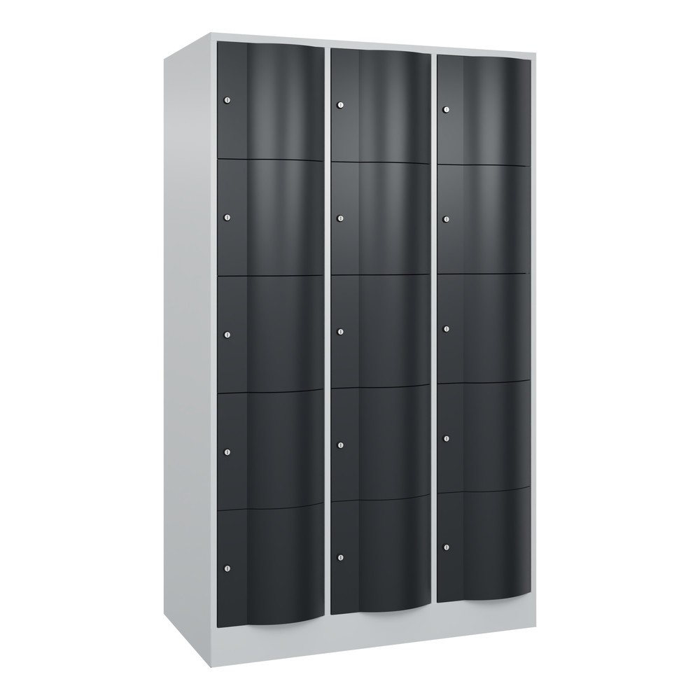 Meuble coffre-fort C+P avec portes « anti-vandalisme », 3 x 5 compartiments, H x l x P 1 950 x 1 150 x 640 mm, gris clair, gris anthracite