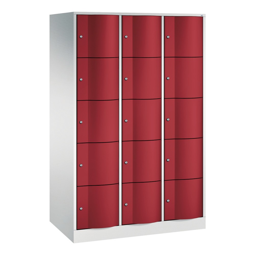 Meuble coffre-fort C+P avec portes « anti-vandalisme », 3 x 5 compartiments, H x l x P 1 950 x 1 150 x 640 mm, gris clair, rouge rubis