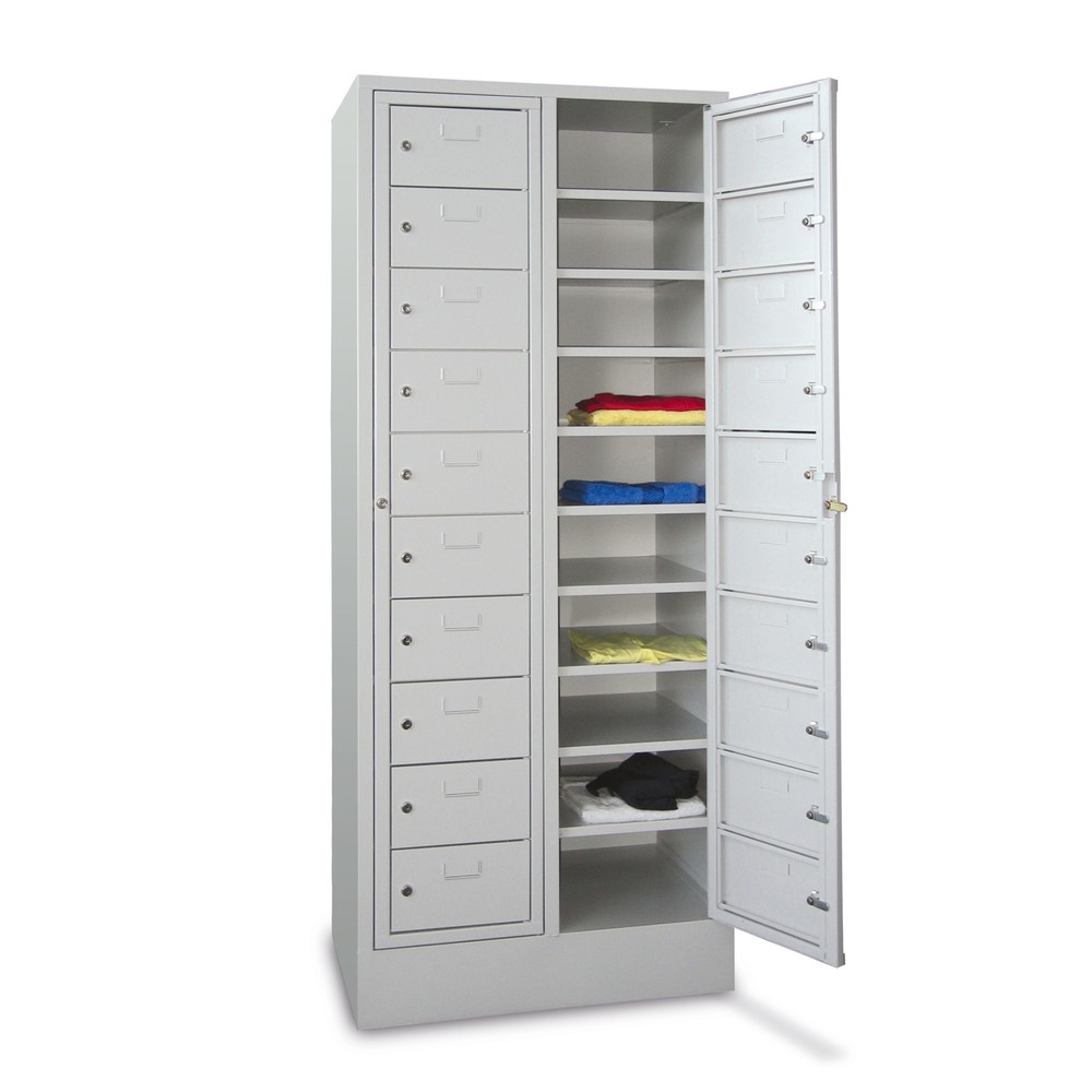 Meuble coffre-fort PAVOY avec porte centrale, 2 x 10 compartiments, H x l x P 1 850 x 770 x 500 mm, avec socle, rouge feu, gris clair