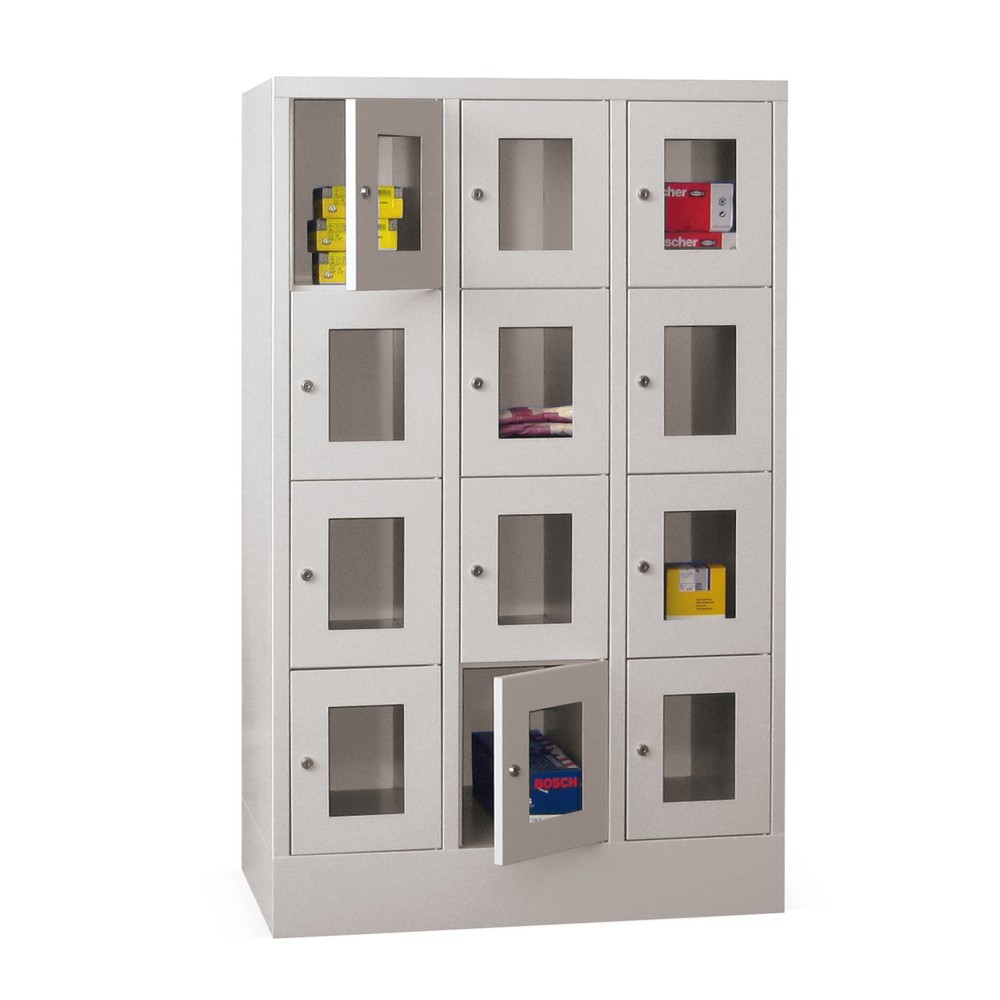 Meuble coffre-fort PAVOY avec regard, 3 x 4 compartiments, H x l x P 1 518 x 930 x 500 mm, gris clair, gris clair