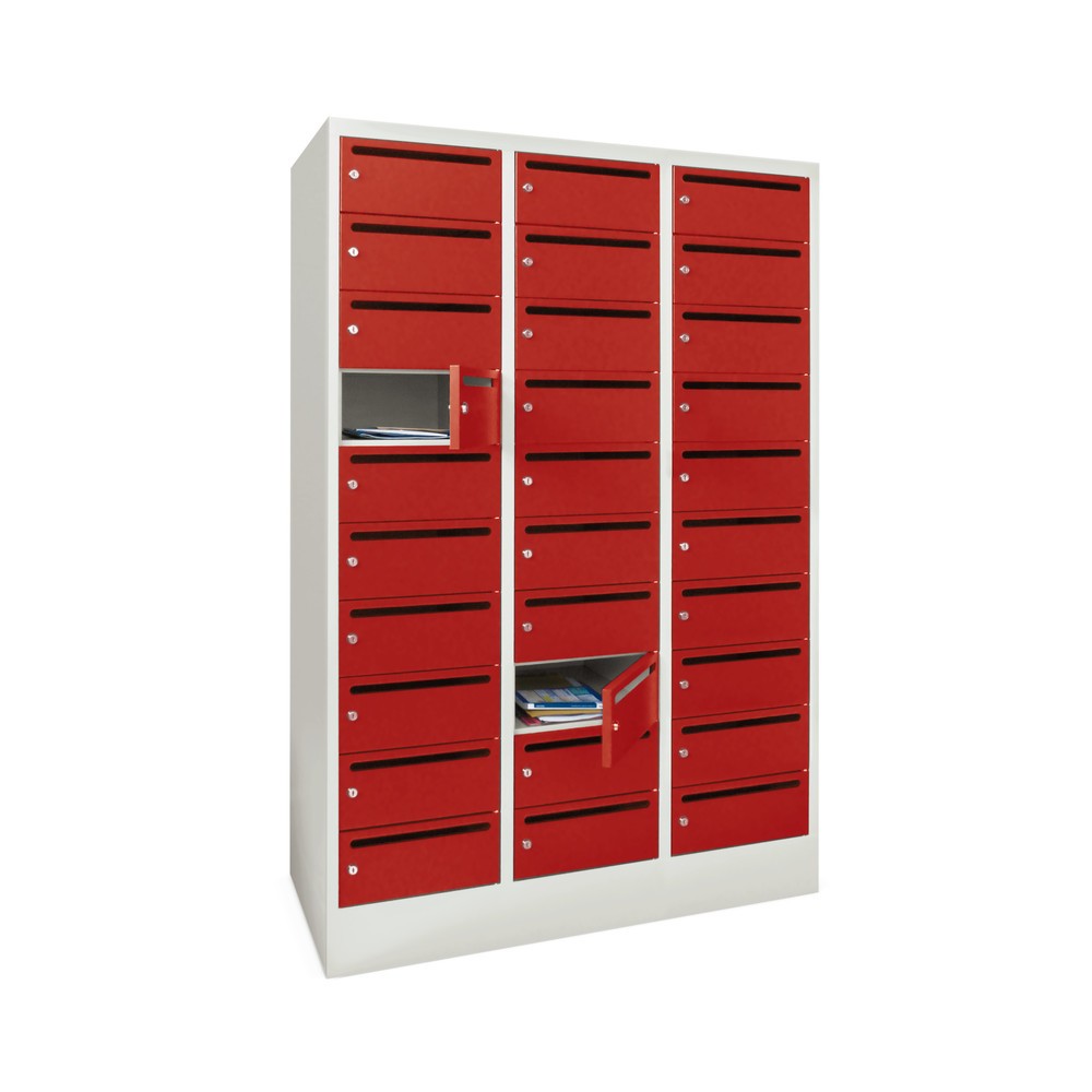 Meuble de tri du courrier PAVOY, 3 x 10 compartiments, H x l x P 1 850 x 1 230 x 500 mm, jaune zinc, rouge feu