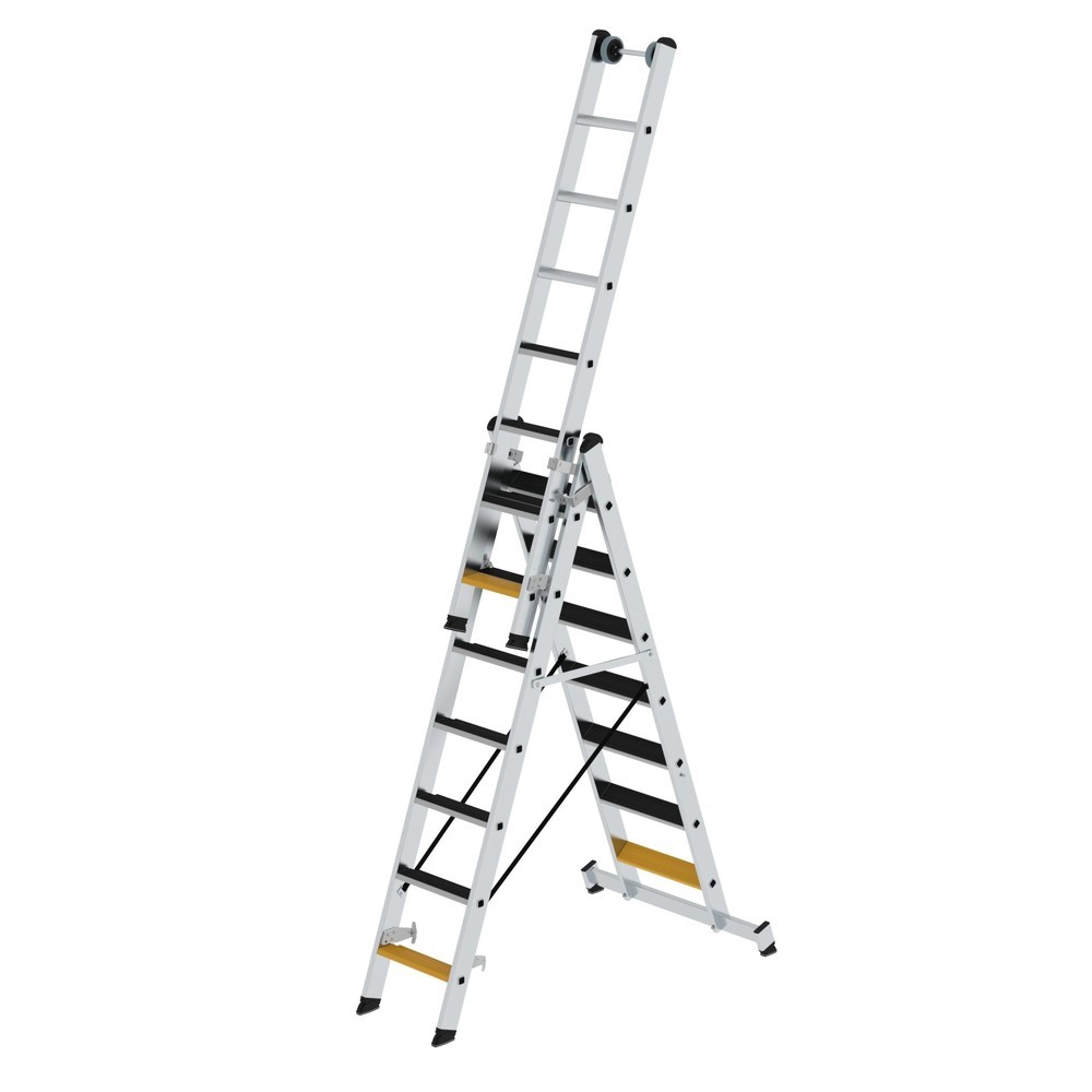 Munk Échelle polyvalente à marches 3 parties avec traverse nivello® et clip-step R13, 3x7 marches