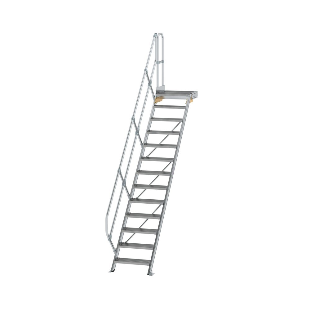 Munk Escalier avec plate-forme 45°, largeur de marche 600 mm, 13 marches, aluminium strié