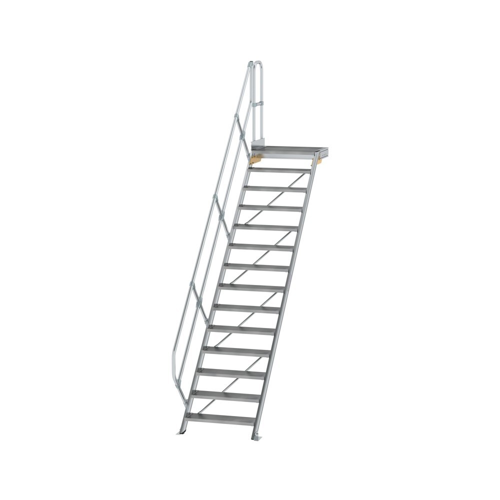 Munk Escalier avec plate-forme 45°, largeur de marche 800 mm, 14 marches, aluminium strié