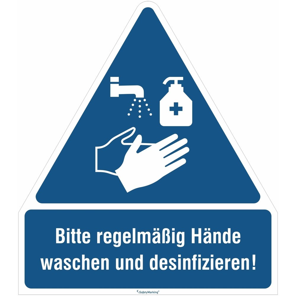 Panneau combiné de consigne « Veuillez vous laver et vous désinfecter les mains régulièrement ! », triangulaire, épaisseur 0,8 mm