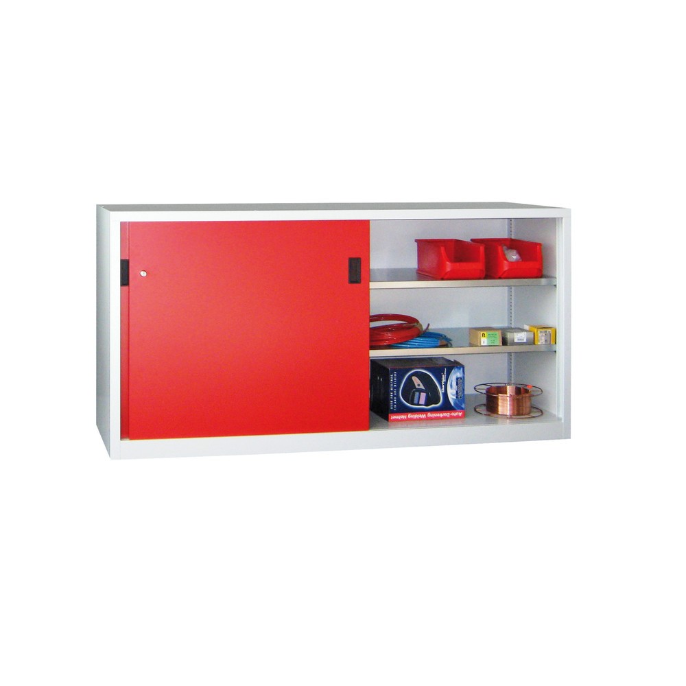 PAVOY Schiebetürenschrank mit 4 Fachböden + Trennwand, HxBxT 1.000 x 1.500 x 600 mm, feuerrot, lichtgrau