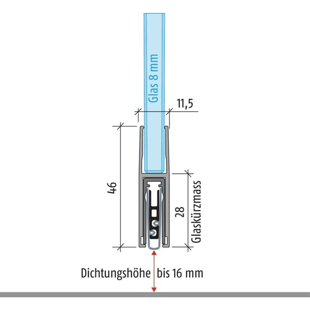 PLANET Türdichtung KG-F8 schmal, Aluminium silberfarben eloxiert, 1-seitig Länge 959 mm, Glastüren