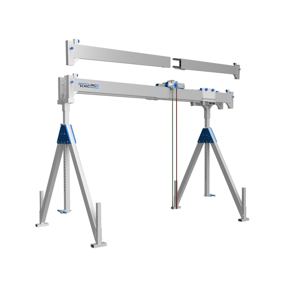 Portique de levage SCHILLING en aluminium avec double traverse divisible, point d'accrochage 2.786-4.336 mm, longueur 4.000 mm, capacité de charge 3.000 kg