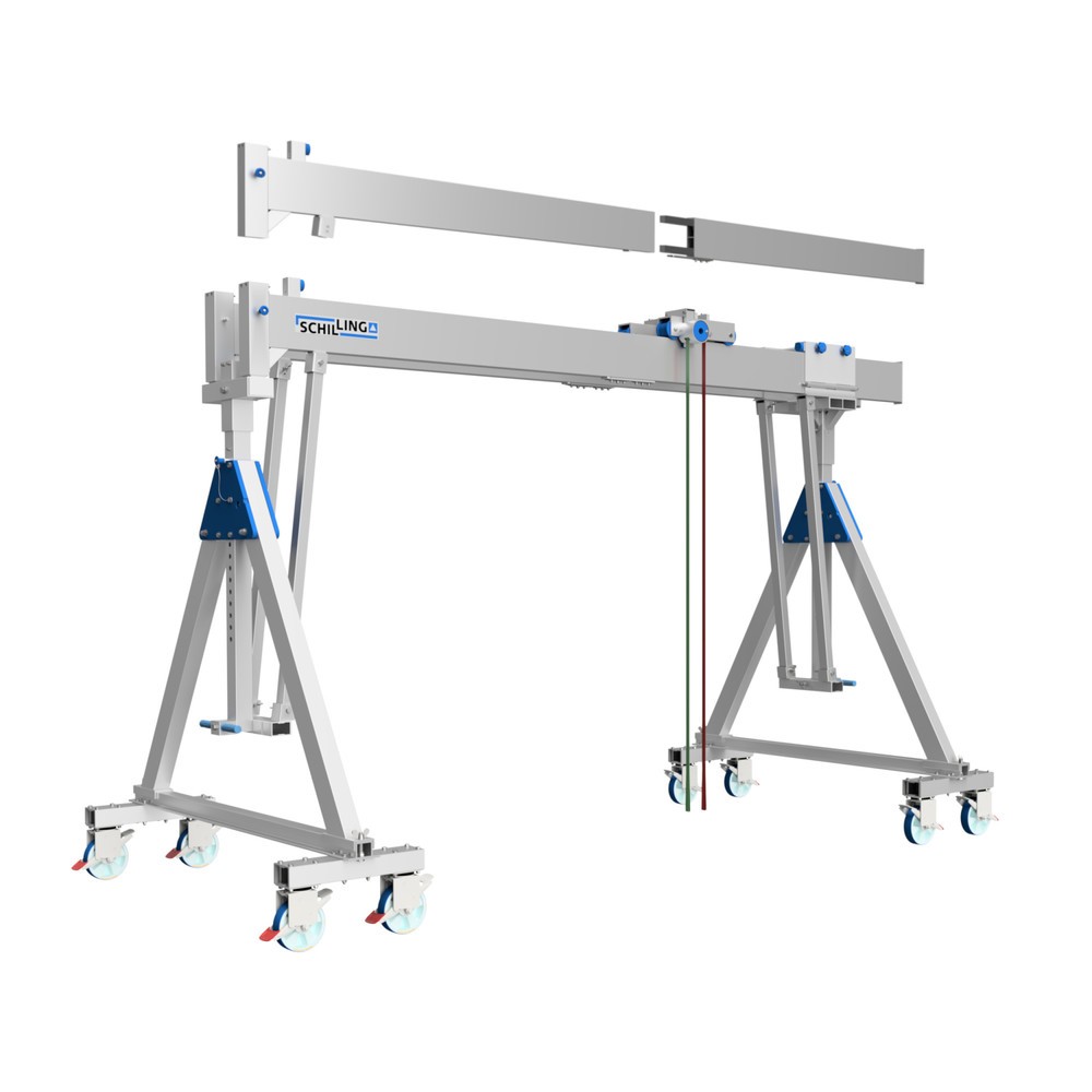 Portique de levage SCHILLING en aluminium avec double traverse divisible, mobile, point d'accrochage 2 613-3 363 mm, longueur 4 000 mm, capacité de charge 3 000 kg