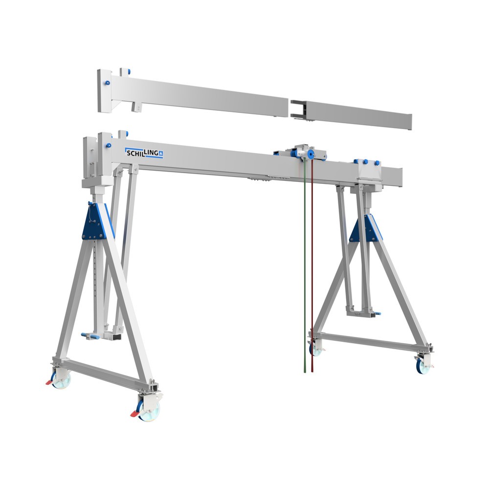 Portique de levage SCHILLING en aluminium avec double traverse divisible, mobile, point d'accrochage 2 044-2 444 mm, longueur 4 000 mm, capacité de charge 1 000 kg