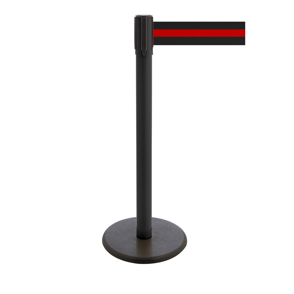 Potelet de délimitation à sangle RS-GUIDESYSTEMS®, socle en fonte, largeur de sangle 100 mm, noir, strié à l'horizontale noir/rouge, 3,8 m