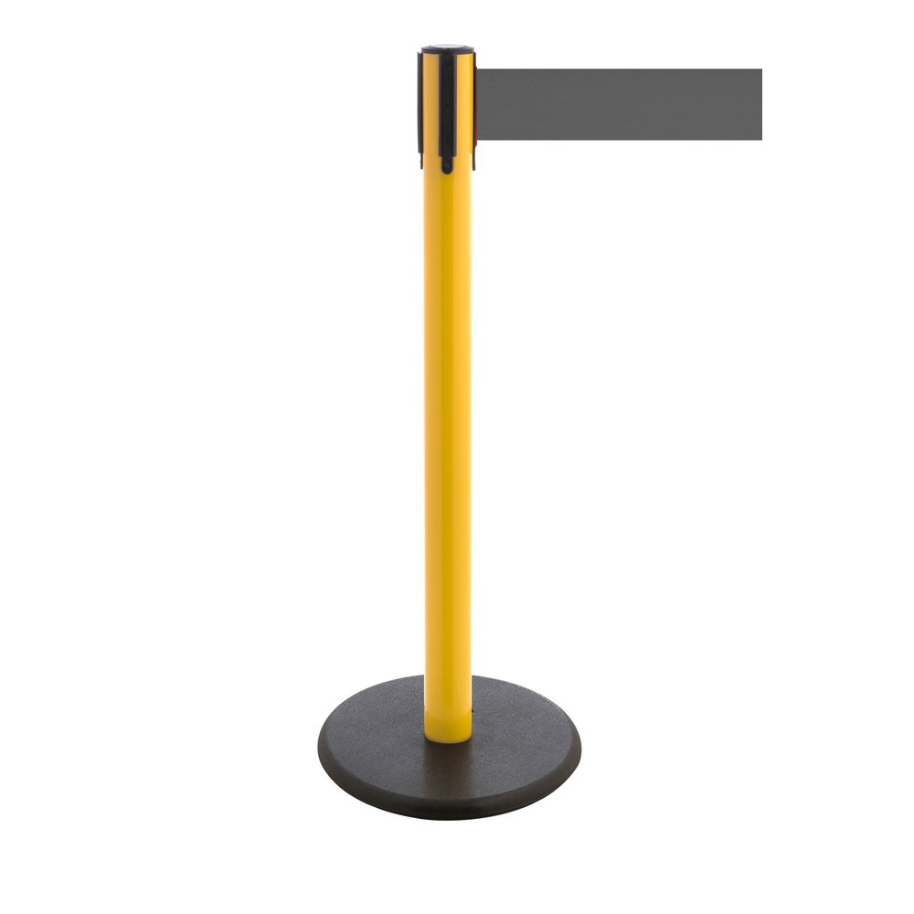 Potelet de délimitation à sangle RS-GUIDESYSTEMS®, socle en fonte, largeur de sangle 100 mm, jaune, gris, 3,8 m