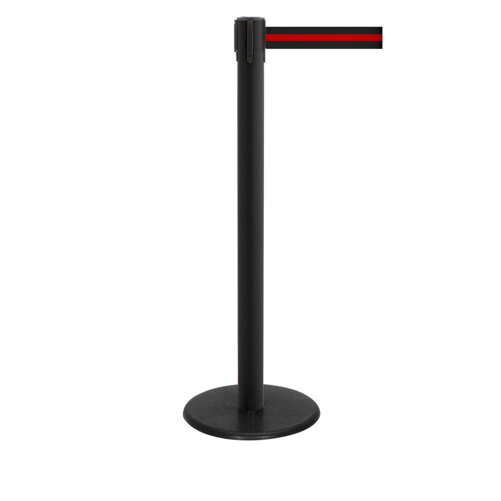 Potelet de délimitation à sangle RS-GUIDESYSTEMS®, socle en fonte, largeur de sangle 50 mm, noir, strié à l'horizontale noir/rouge, 2,3 m