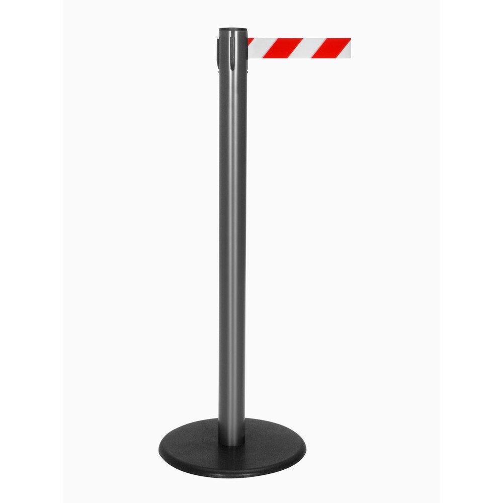 Potelet de délimitation à sangle RS-GUIDESYSTEMS®, socle en fonte, largeur de sangle 50 mm, anthracite, strié en diagonale rouge/blanc, 4,0 m