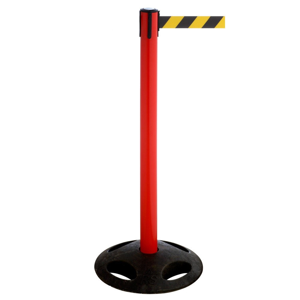 Potelet de délimitation à sangle RS-GUIDESYSTEMS®, socle en matériau composite, largeur de sangle 50 mm, rouge, strié en diagonale noir/jaune