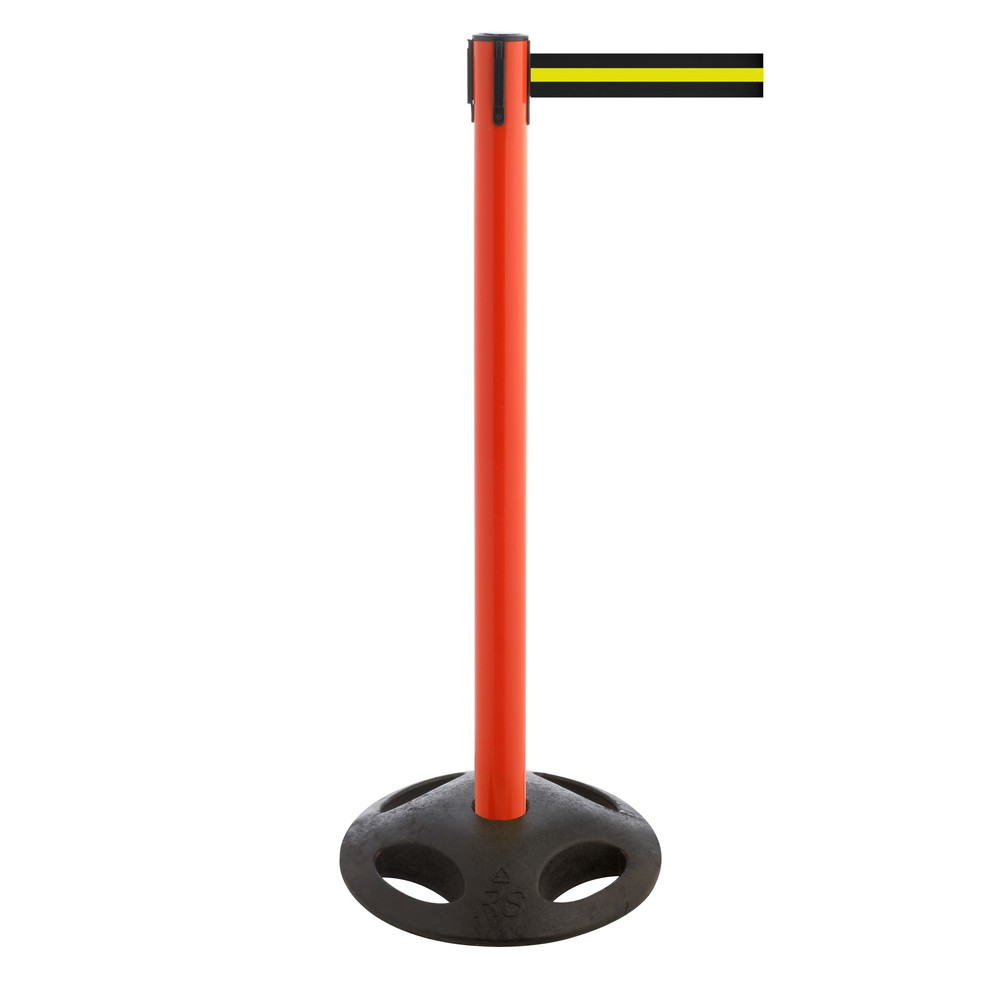 Potelet de délimitation à sangle RS-GUIDESYSTEMS®, socle en matériau composite, largeur de sangle 100 mm, rouge, strié à l'horizontale noir / jaune