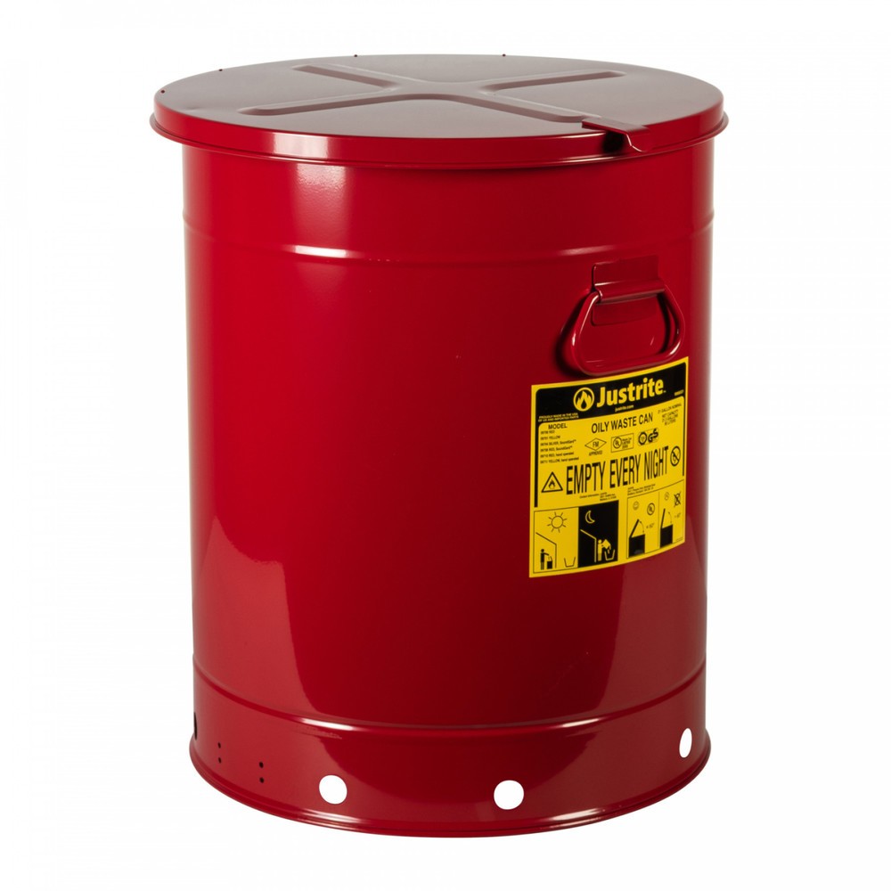 Poubelle d'établi Justrite, manuelle, rouge, 80 litres