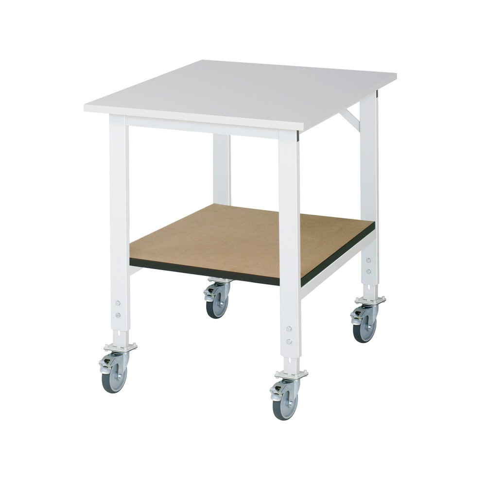 RAU Table de travail mobile réglable en hauteur Série TOM avec tablette profondeur 795 mm, hauteur 910-1.230 mm, lxP 750 x 1 000 mm, plan de travail avec revêtement en mélamine