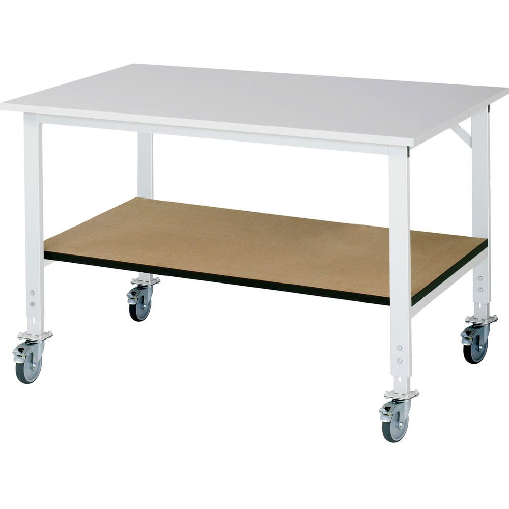 RAU Table de travail mobile réglable en hauteur Série TOM avec tablette profondeur 795 mm, hauteur 910-1 230 mm, lxP 1 500 x 1 000 mm, plan de travail avec revêtement en mélamine